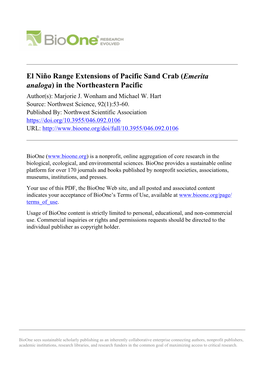 El Niño Range Extensions of Pacific Sand Crab (Emerita Analoga) in the Northeastern Pacific Author(S): Marjorie J