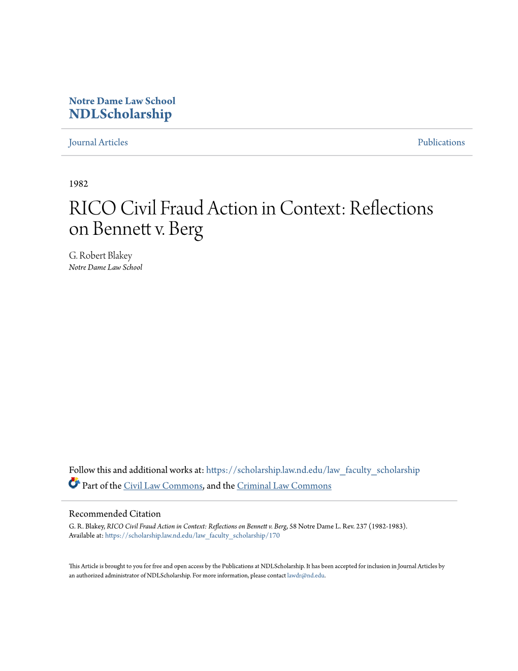 RICO Civil Fraud Action in Context: Reflections on Bennett .V Berg G