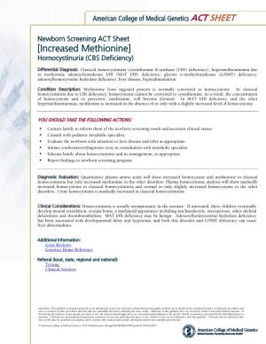 Newborn Screening ACT Sheet [Increased Methionine] Homocystinuria (CBS Deficiency)