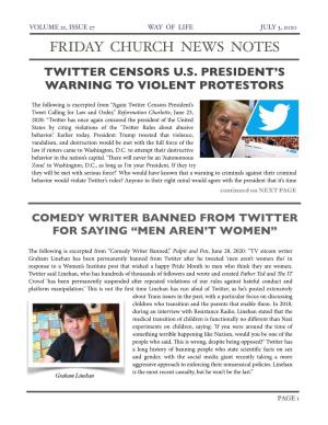 Friday Church News Notes Twitter Censors U.S