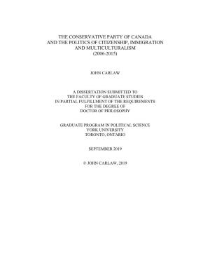 The Conservative Party of Canada and the Politics of Citizenship, Immigration and Multiculturalism (2006-2015)