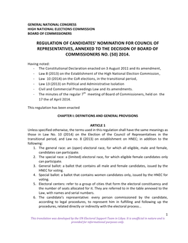Regulation of Candidates' Nomination for Council of Representatives, Annexed to the Decision of Board of Commissioners No. (50) 2014