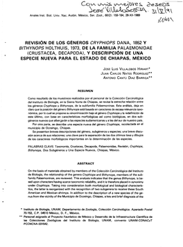 Revisión De Los Géneros Cryphiops Dana, 1852 Y Bithynops Holthuis, 1973, De La Familia Palaemonidae (Crustacea, Decapoda)