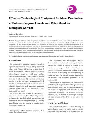 Effective Technological Equipment for Mass Production of Entomophagous Insects and Mites Used for Biological Control