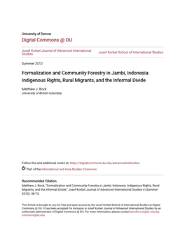 Formalization and Community Forestry in Jambi, Indonesia: Indigenous Rights, Rural Migrants, and the Informal Divide