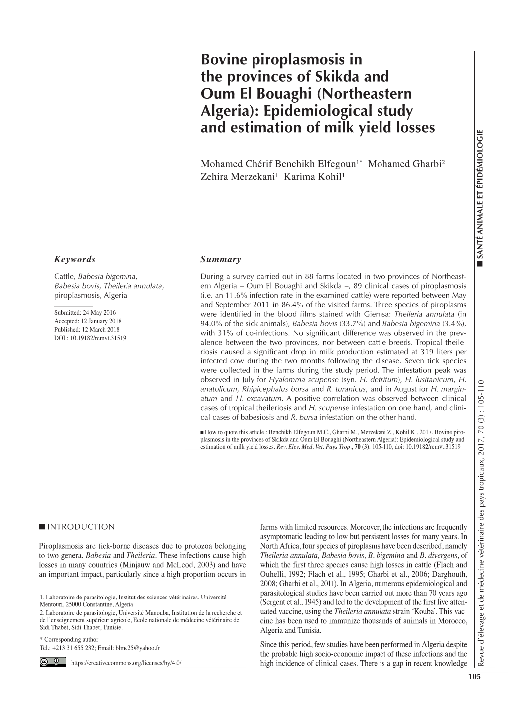 Bovine Piroplasmosis in the Provinces of Skikda and Oum El Bouaghi (Northeastern Algeria): Epidemiological Study and Estimation of Milk Yield Losses