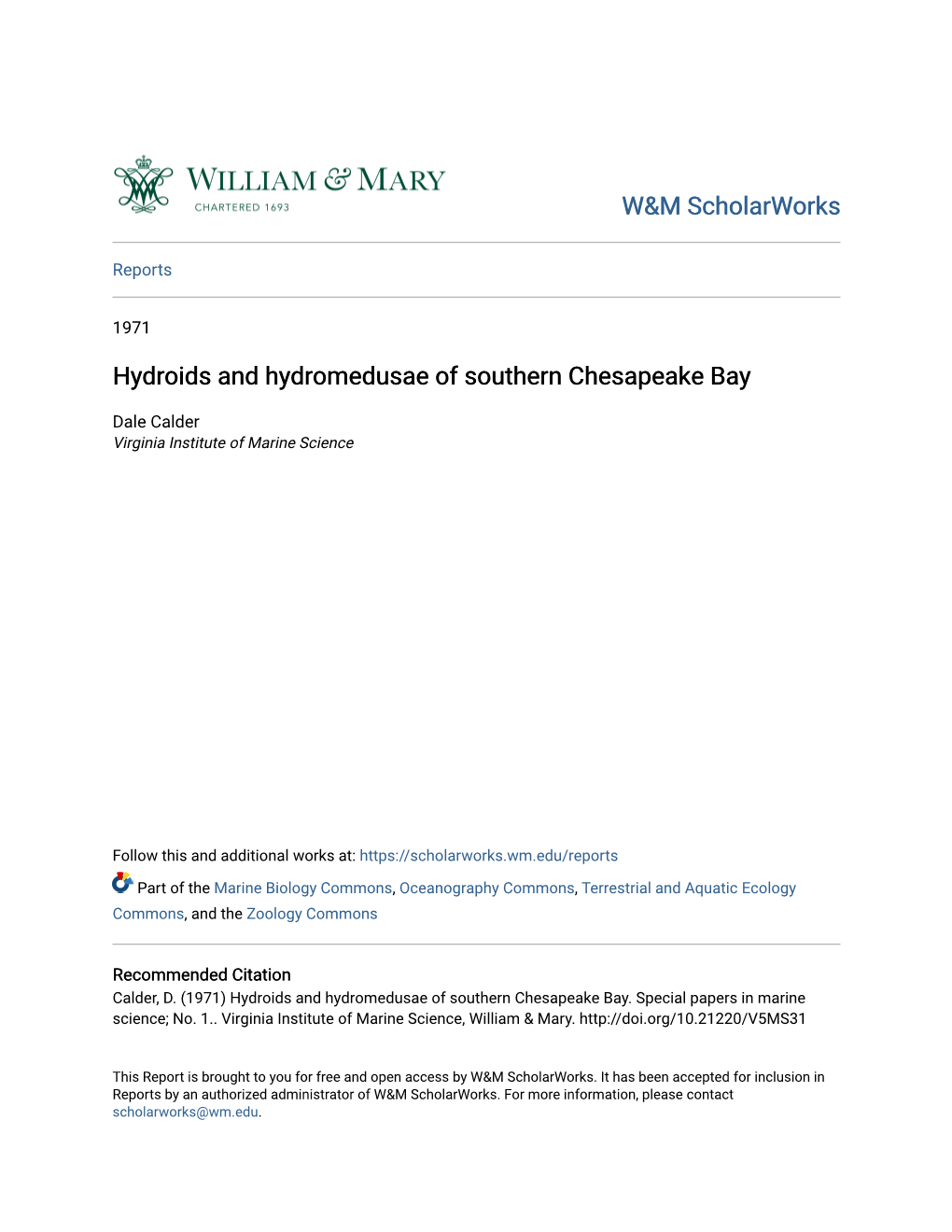 Hydroids and Hydromedusae of Southern Chesapeake Bay