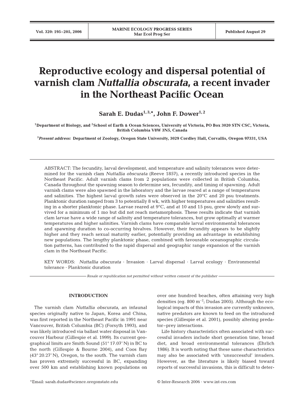 Reproductive Ecology and Dispersal Potential of Varnish Clam Nuttallia Obscurata, a Recent Invader in the Northeast Pacific Ocean