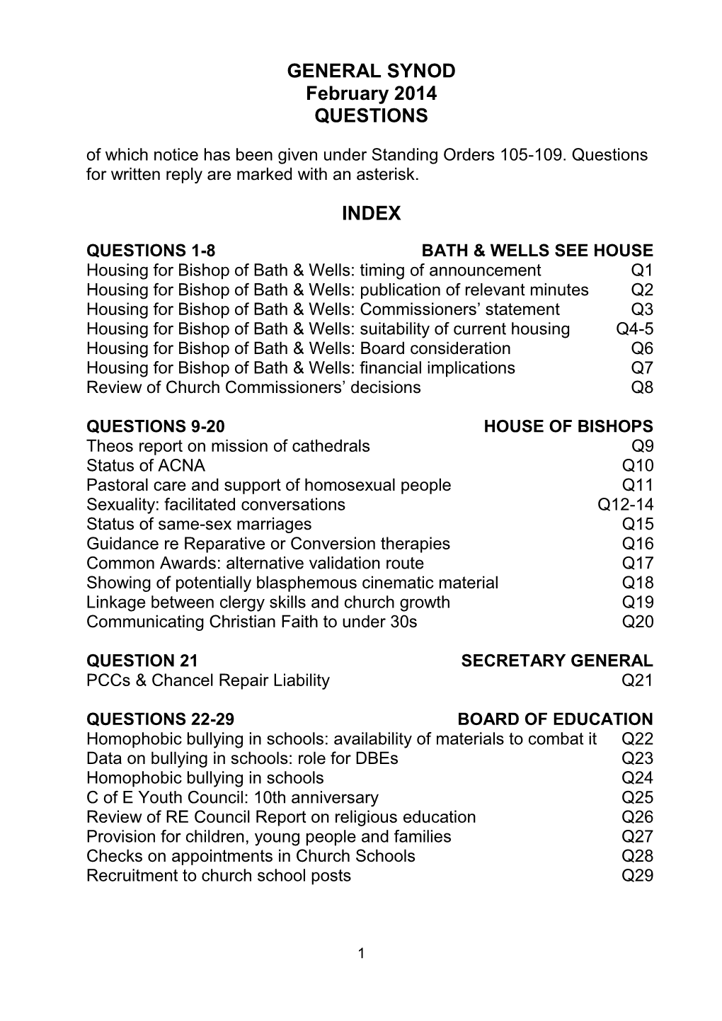 GENERAL SYNOD February 2014 QUESTIONS of Which Notice Has Been Given Under Standing Orders 105-109