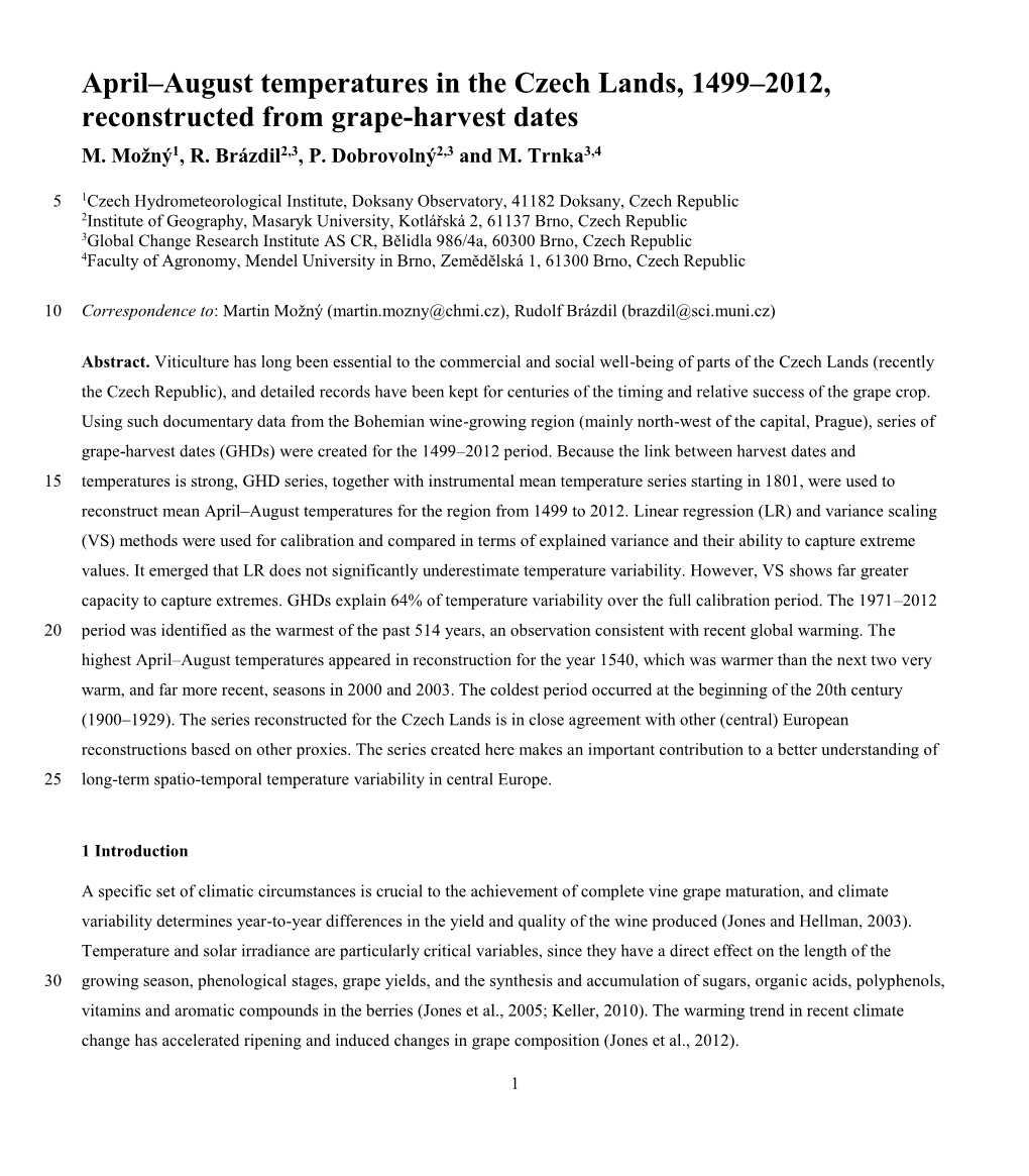 April–August Temperatures in the Czech Lands, 1499–2012, Reconstructed from Grape-Harvest Dates M