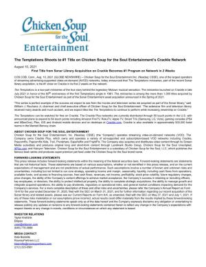 The Temptations Shoots to #1 Title on Chicken Soup for the Soul Entertainment’S Crackle Network