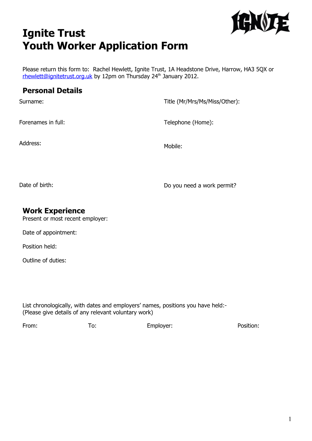 Youth Worker Application Form