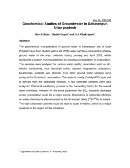 Geochemical Studies of Groundwater in Saharanpur, Uttar Pradesh