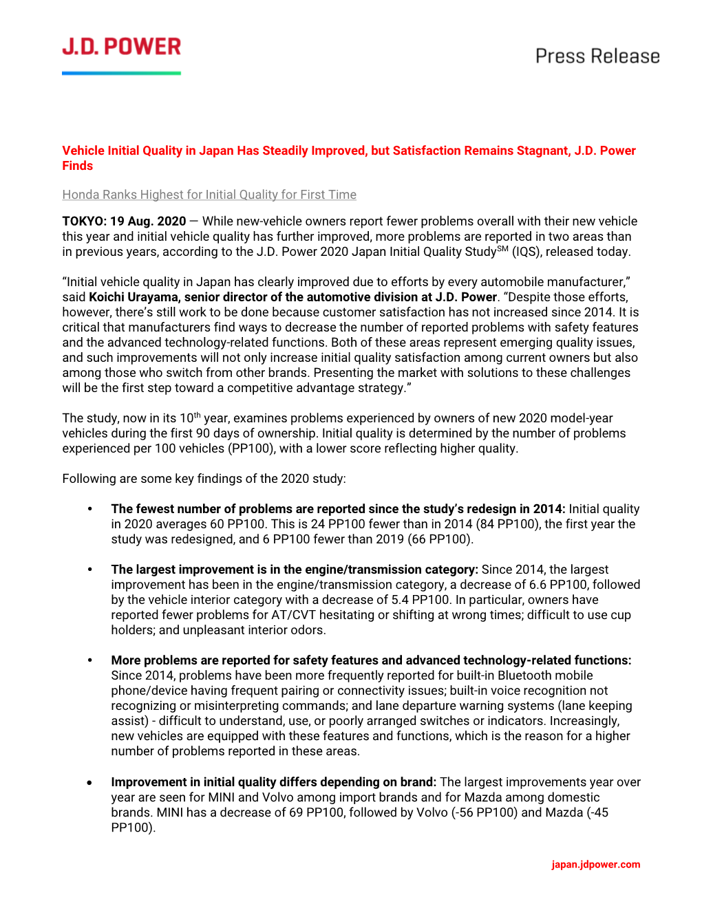 Vehicle Initial Quality in Japan Has Steadily Improved, but Satisfaction Remains Stagnant, J.D