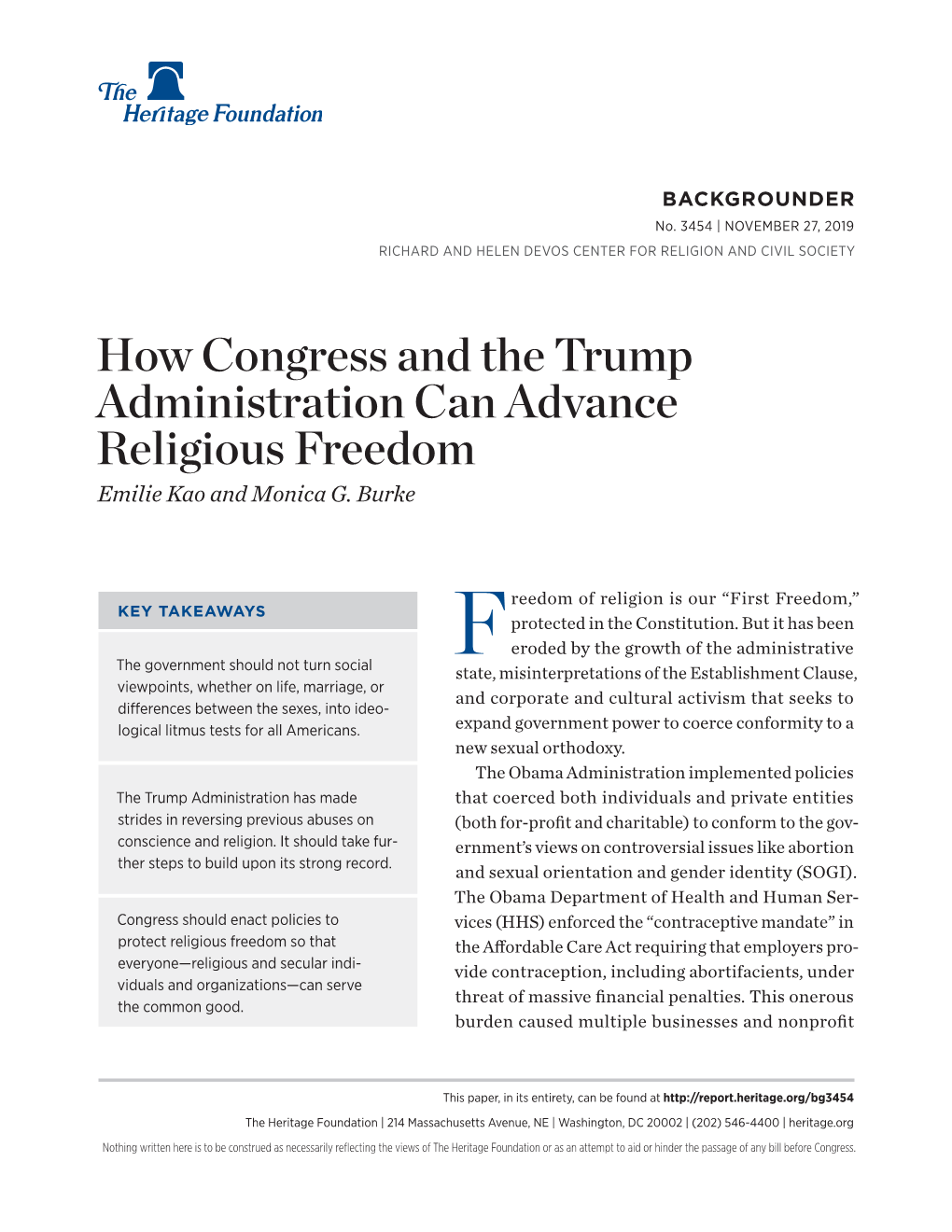 How Congress and the Trump Administration Can Advance Religious Freedom Emilie Kao and Monica G