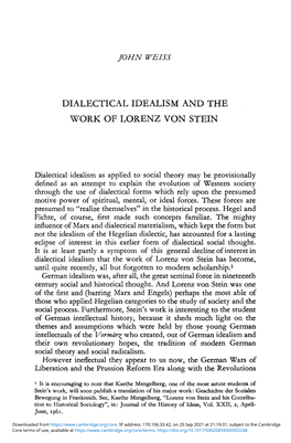 Dialectical Idealism and the Work of Lorenz Von Stein