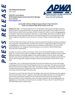 Mathews Bridge Emergency Repairs Project Named to APWA 2014 National Public Works Projects of the Year