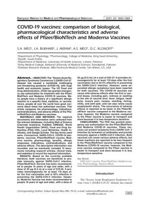 COVID-19 Vaccines: Comparison of Biological, Pharmacological Characteristics and Adverse Effects of Pfizer/Biontech and Moderna Vaccines