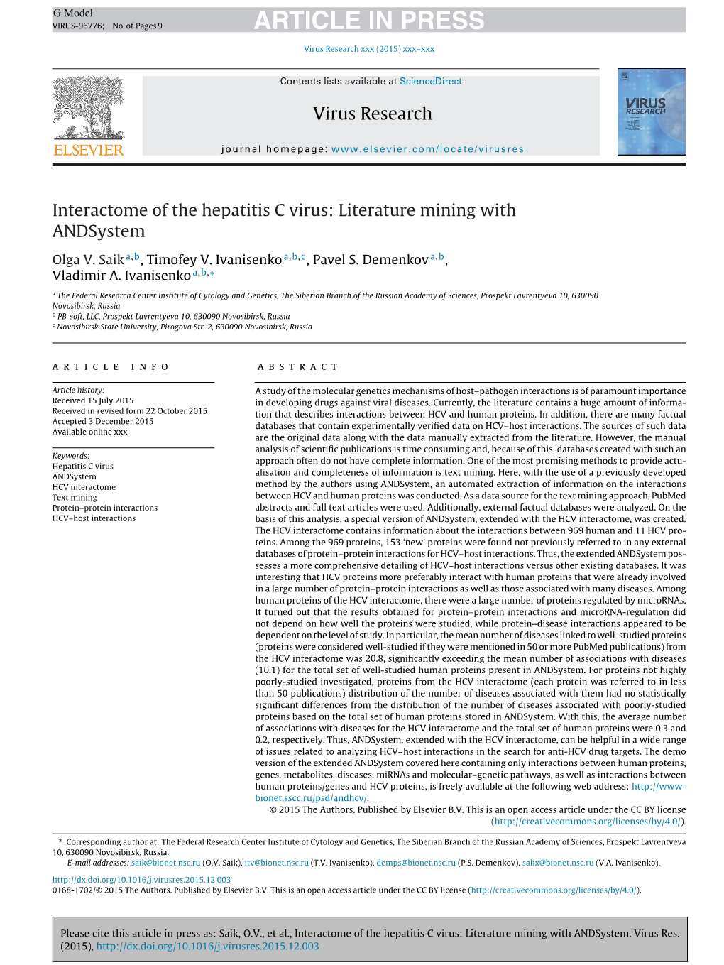 Interactome of the Hepatitis C Virus: Literature Mining with Andsystem