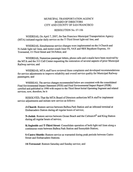 Municipal Transportation Agency Board of Directors City and County of San Francisco