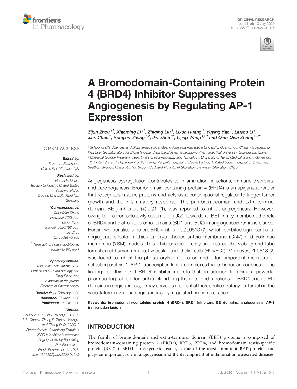 A Bromodomain-Containing Protein 4 (BRD4) Inhibitor Suppresses Angiogenesis by Regulating AP-1 Expression