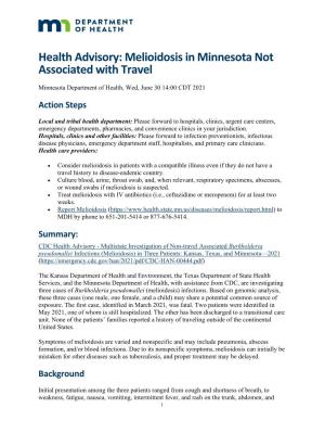Health Advisory: Melioidosis in Minnesota Not Associated with Travel