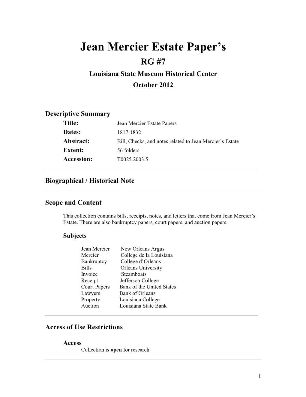 Jean Mercier Estate Paper's