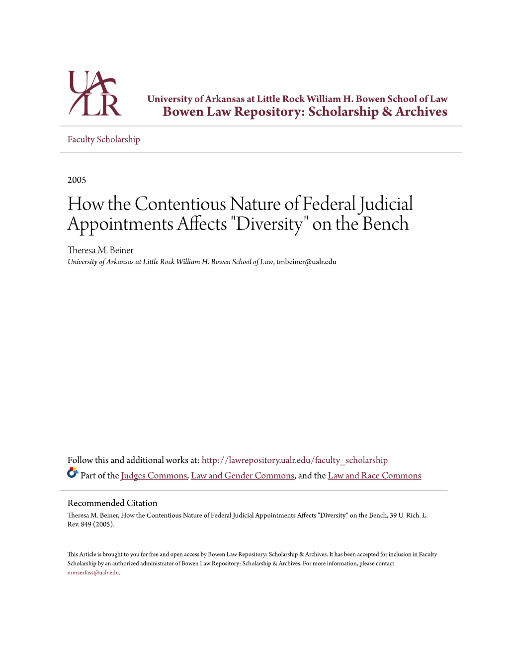 How the Contentious Nature of Federal Judicial Appointments Affects "Diversity" on the Bench Theresa M