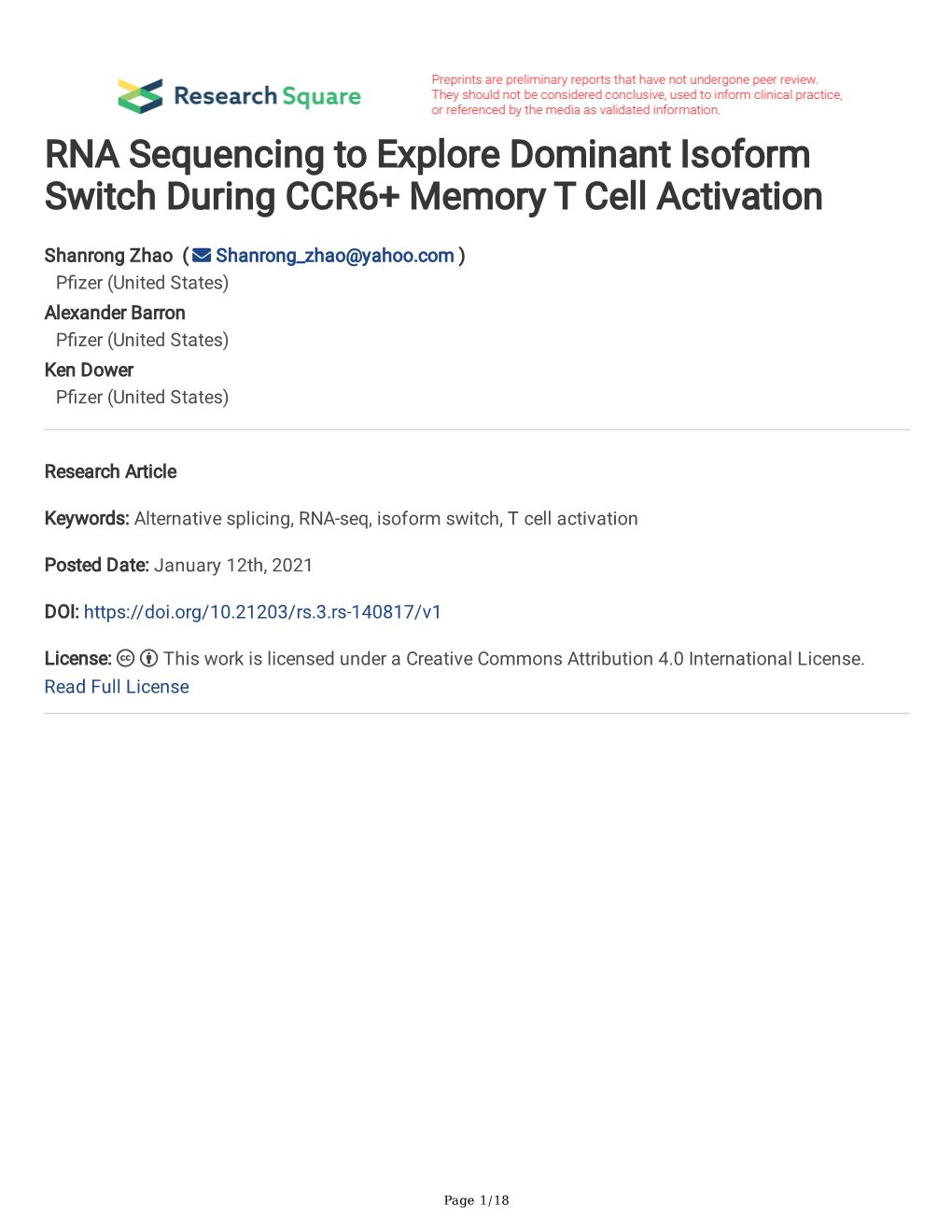 RNA Sequencing to Explore Dominant Isoform Switch During CCR6+ Memory T Cell Activation