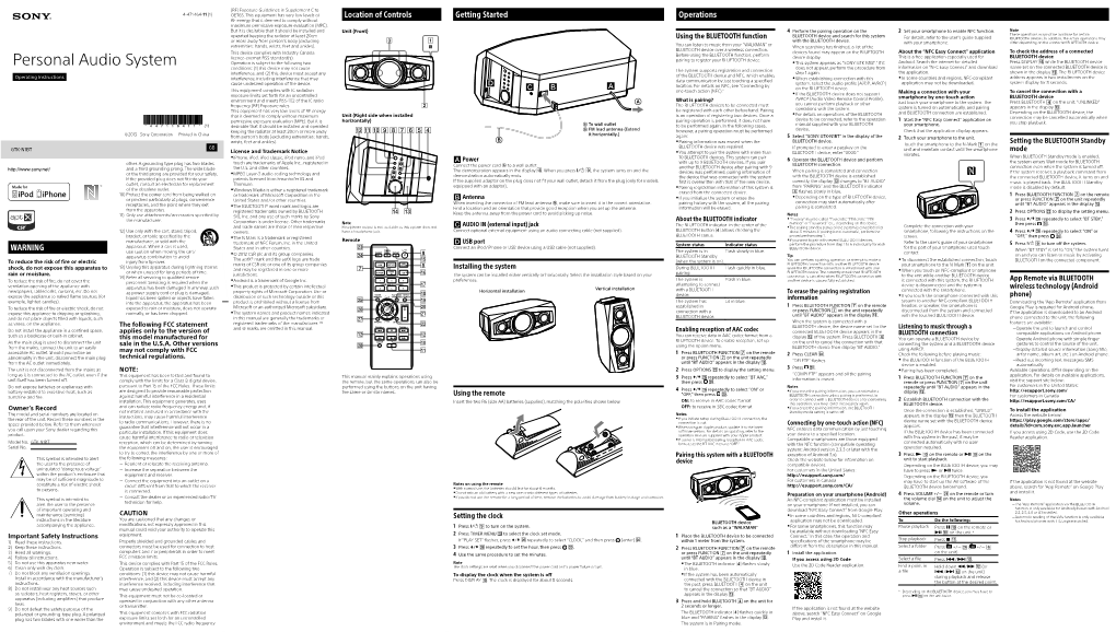 Personal Audio System Operation Is Subject to the Following Two ˎˎthis System Appears As “SONY:GTK-N1BT.” If It Android