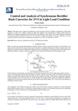 Control and Analysis of Synchronous Rectifier Buck Converter for ZVS in Light Load Condition Nimmy Joseph Assistant Professor, Dept