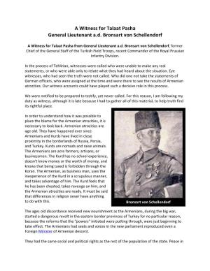 A Witness for Talaat Pasha General Lieutenant A.D. Bronsart Von Schellendorf