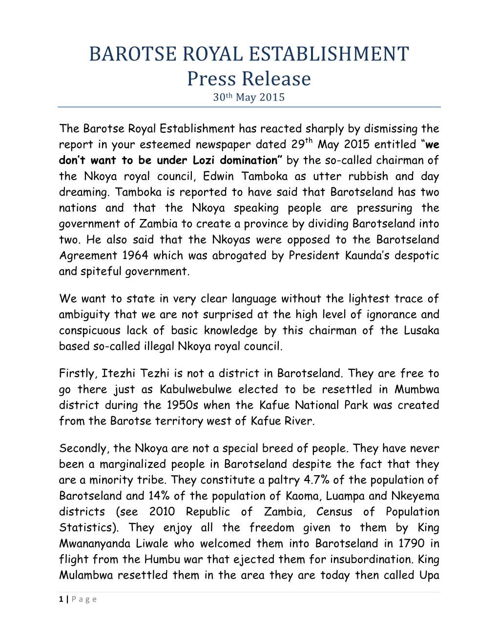 BAROTSE ROYAL ESTABLISHMENT Press Release 30Th May 2015