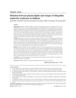 Relation Between Plasma Lipids and Relapse of Idiopathic Nephrotic