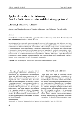 Apple Cultivars Bred in Holovousy. Part 2 – Fruit Characteristics and Their Storage Potential