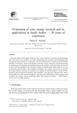 Evaluation of Solar Energy Research and Its Applications in Saudi Arabia — 20 Years of Experience Saleh H