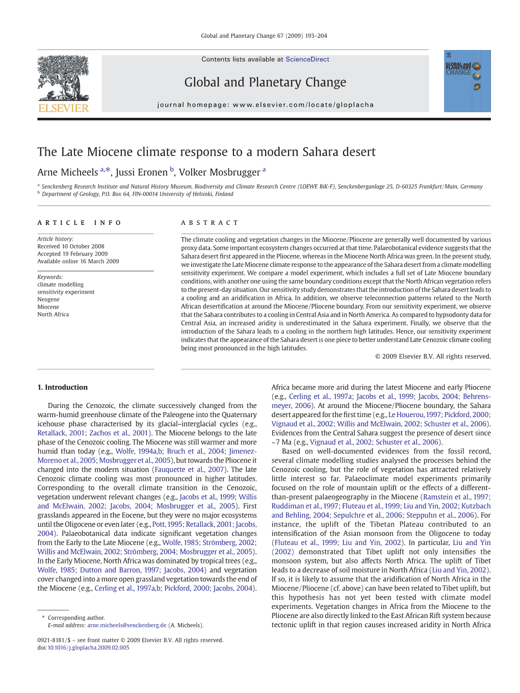 The Late Miocene Climate Response to a Modern Sahara Desert