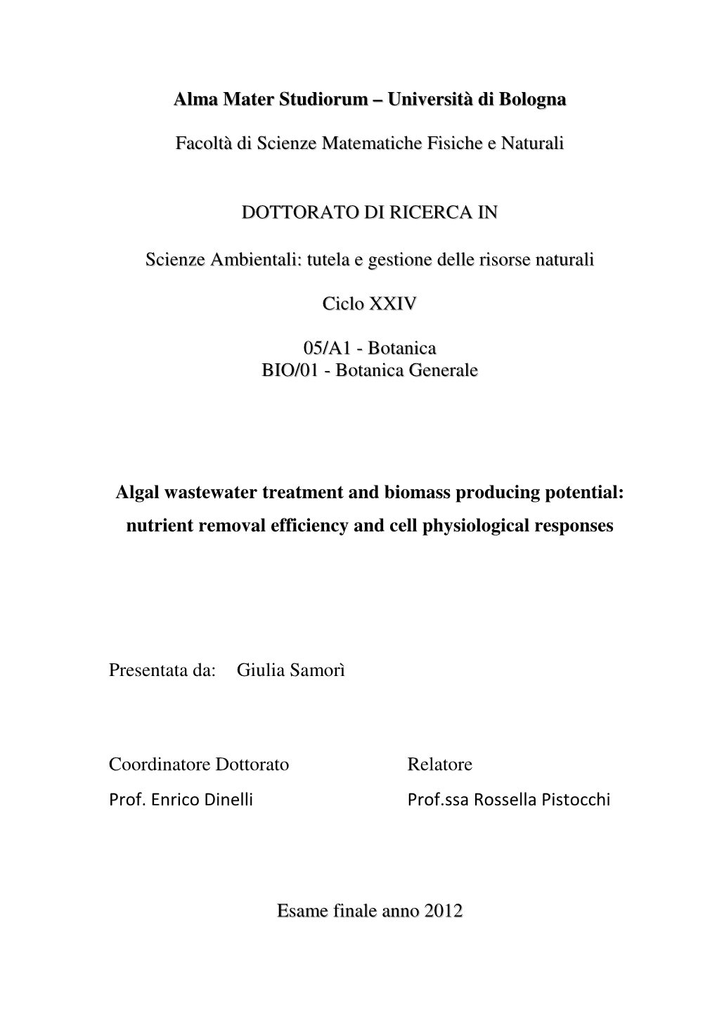 Università Di Bologna Facoltà Di Scienze Matematiche Fisiche E