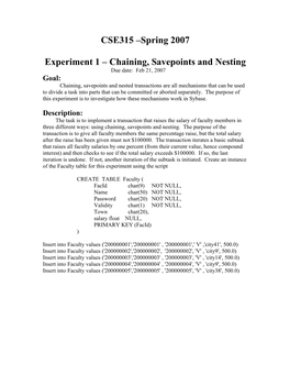 CSE315 –Spring 2007 Experiment 1 – Chaining, Savepoints and Nesting