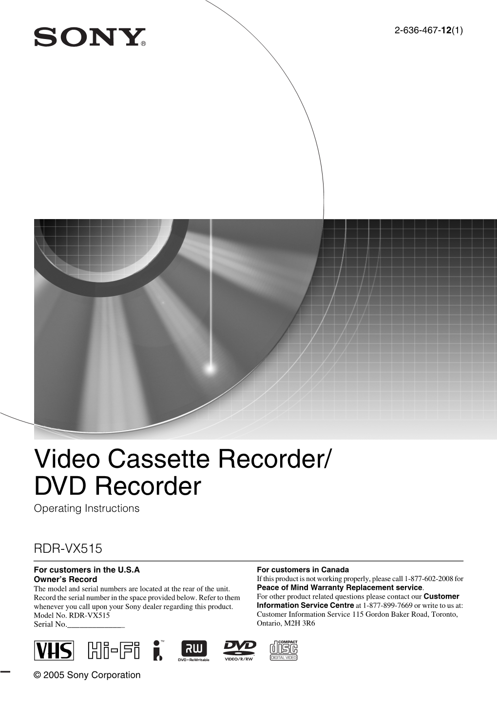 Video Cassette Recorder/ DVD Recorder Operating Instructions