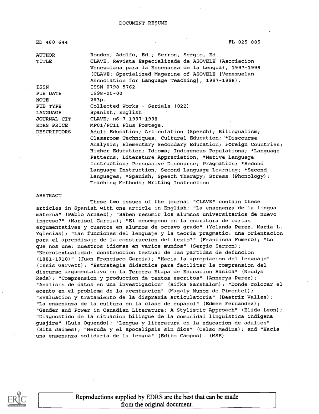 Asociacion Venezolana Para La Ensenanza De La Lengua), 1997-1998 (CLAVE: Specialized Magazine of ASOVELE [Venezuelan Association for Language Teaching], 1997-1998)