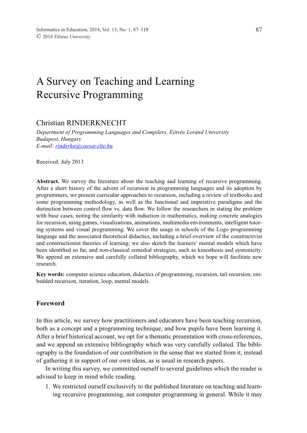 A Survey on Teaching and Learning Recursive Programming