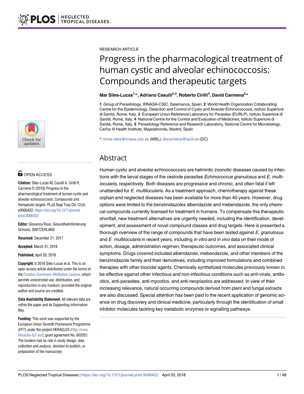 Progress in the Pharmacological Treatment of Human Cystic and Alveolar Echinococcosis: Compounds and Therapeutic Targets