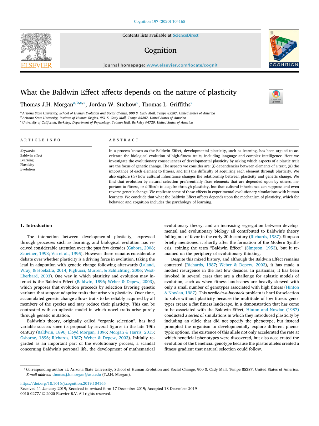 What the Baldwin Effect Affects Depends on the Nature of Plasticity T ⁎ Thomas J.H