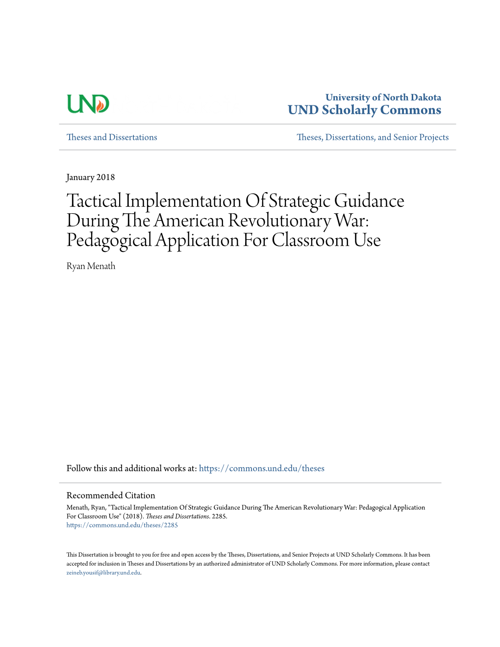 Tactical Implementation of Strategic Guidance During the American Revolutionary War: Pedagogical Application for Classroom Use Ryan Menath