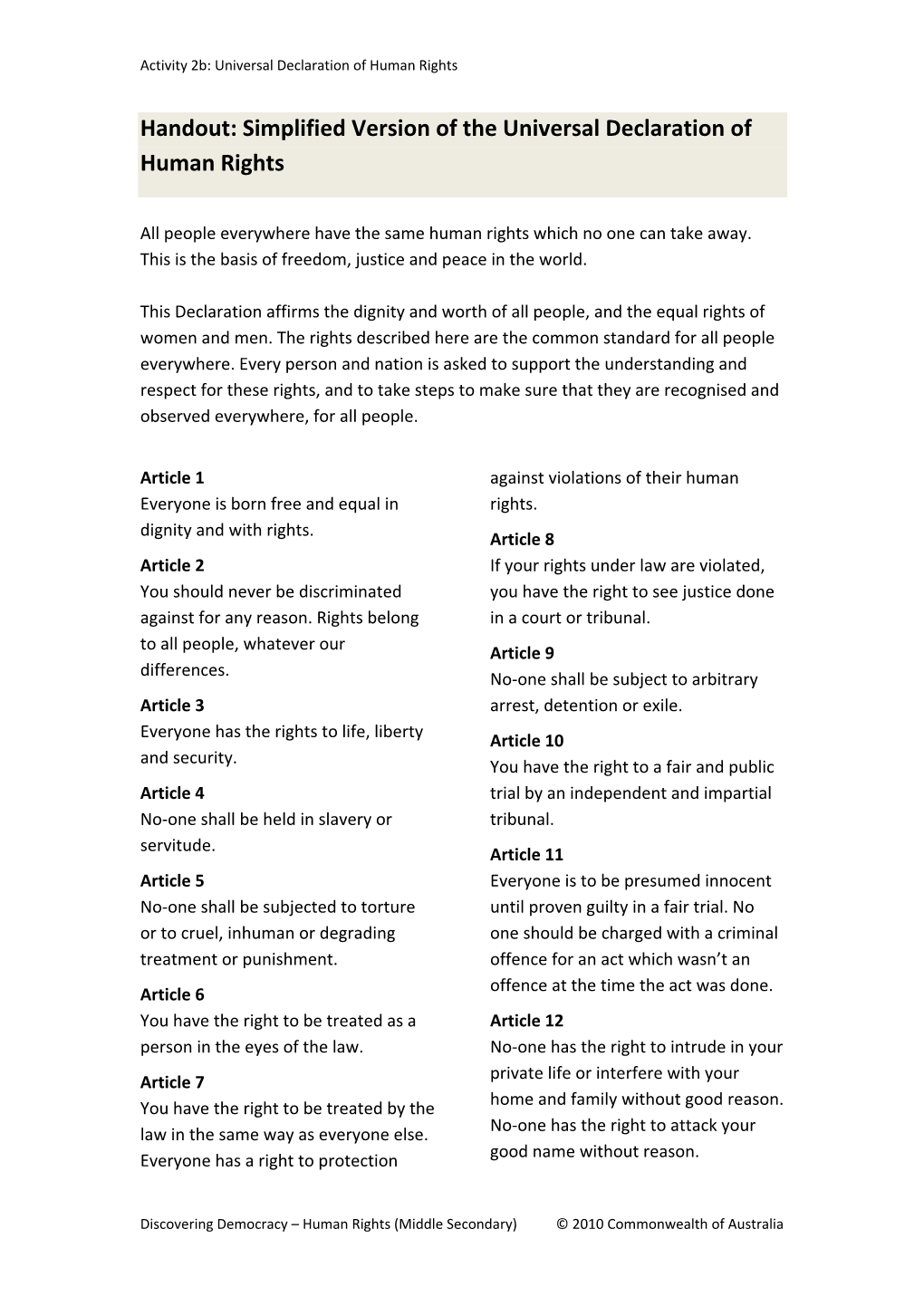 Handout: Simplified Version of the Universal Declaration of Human Rights