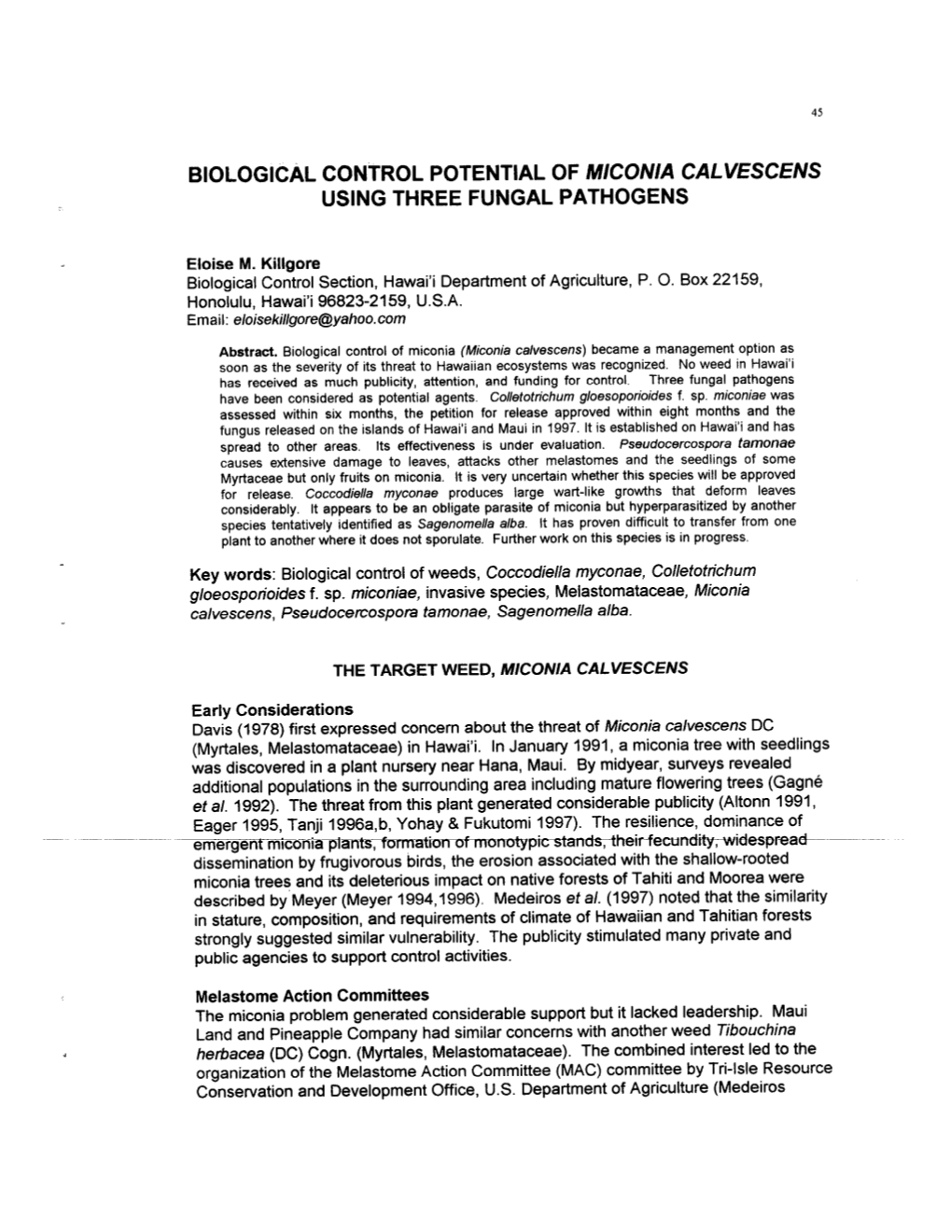 Biological Control Potential of Miconia Calvescens Using Three Fungal Pathogens