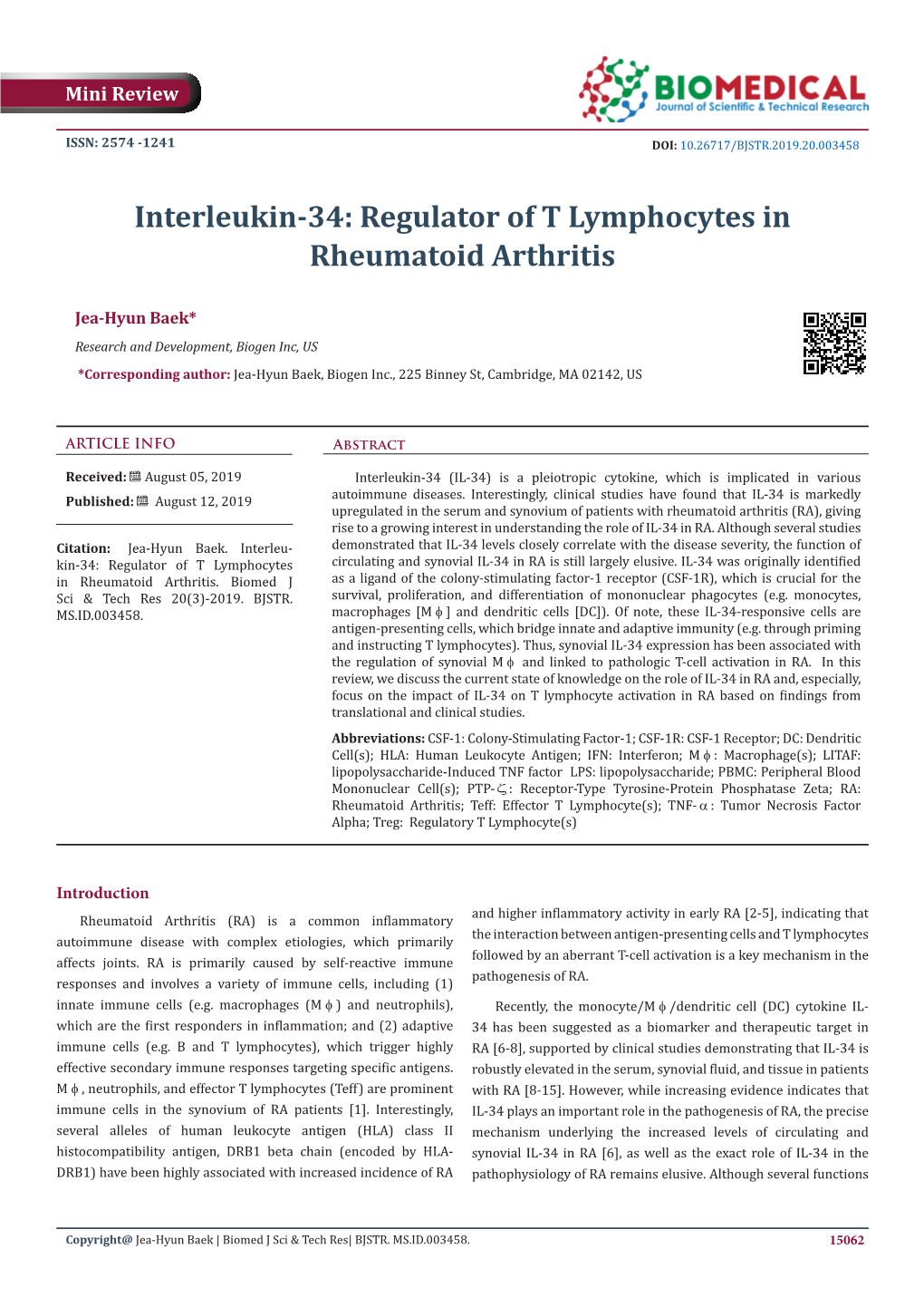 Interleukin-34: Regulator of T Lymphocytes in Rheumatoid Arthritis