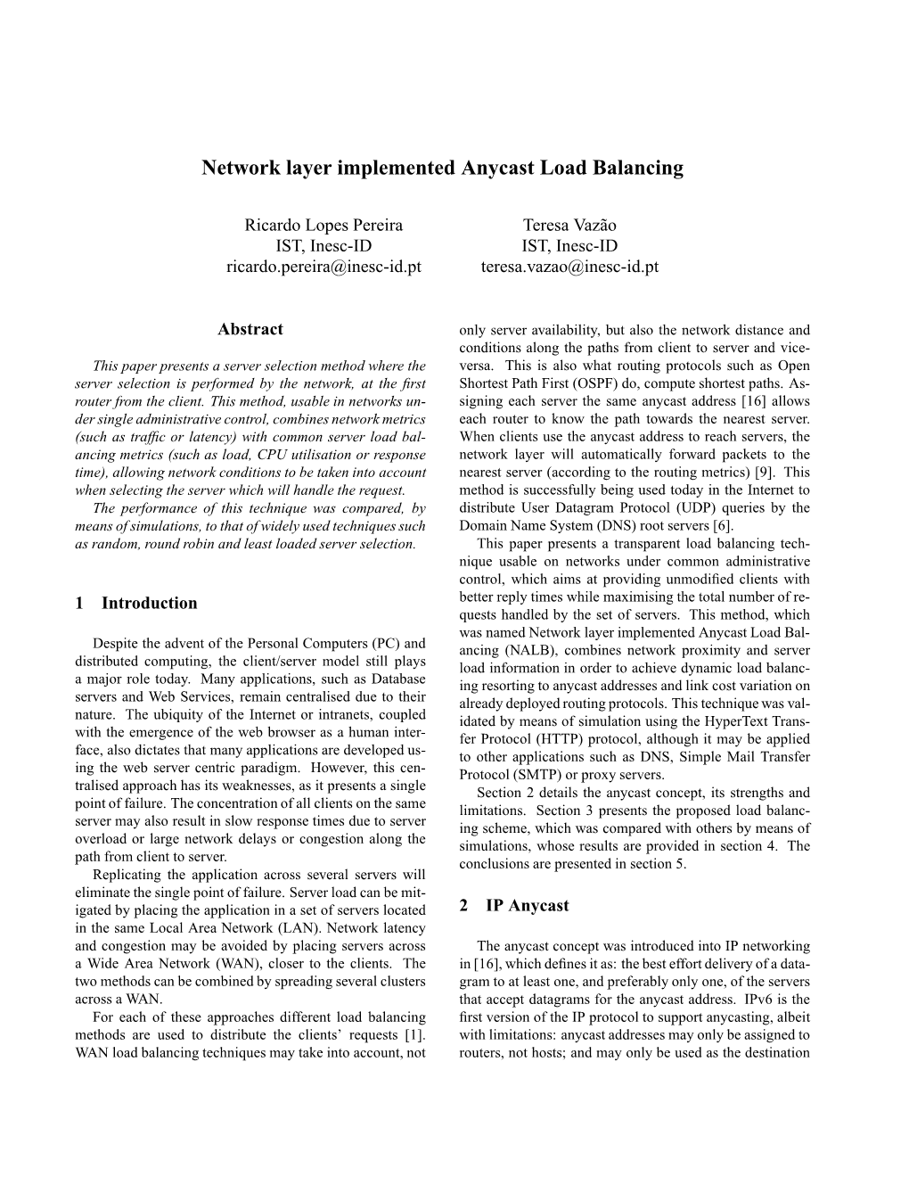 Network Layer Implemented Anycast Load Balancing