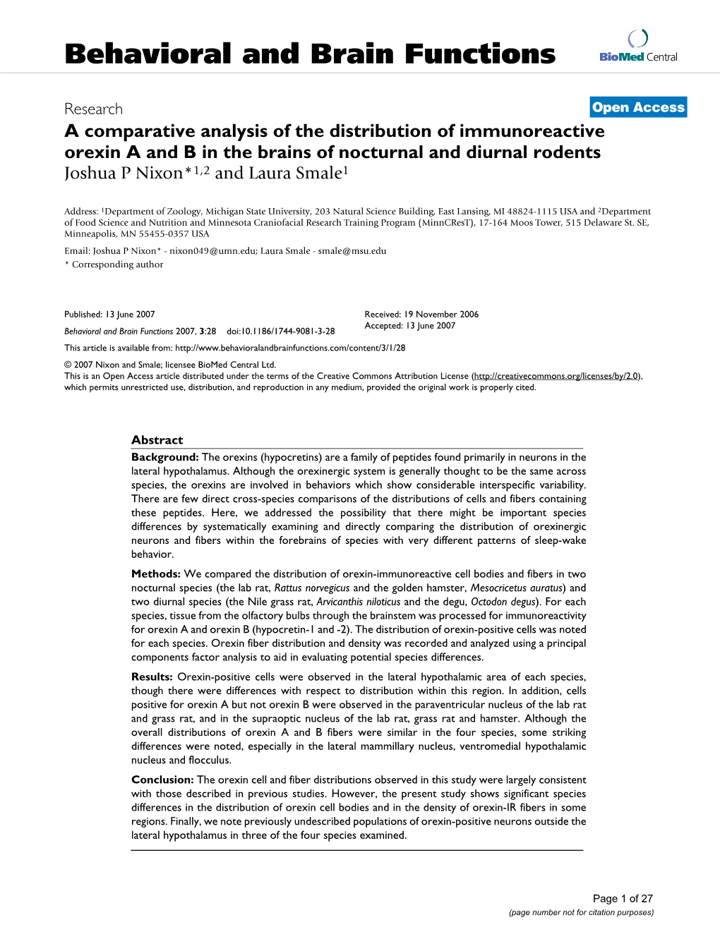 A Comparative Analysis of the Distribution of Immunoreactive Orexin a and B in the Brains of Nocturnal and Diurnal Rodents Joshua P Nixon*1,2 and Laura Smale1